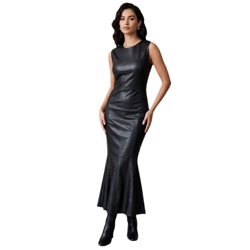 Norma Kamali Black Fishtail Midi Dress Women M Sleeveless Sheen Evening